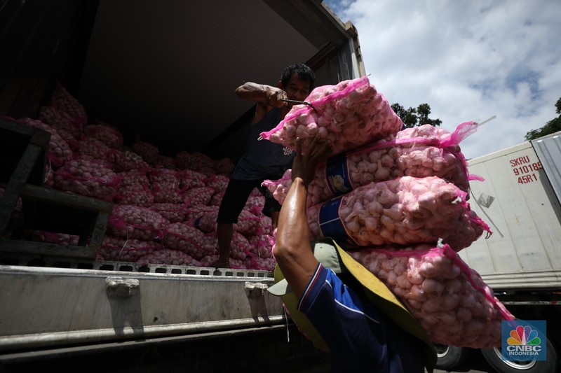 Bawang putih impor dari China di Pasar Kramat Jati, Jakarta, Rabu (23/4/2025). (CNBC Indonesia/Tri Susilo)