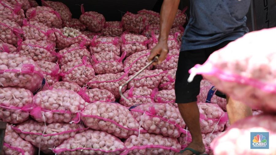Bawang putih impor dari China di Pasar Kramat Jati, Jakarta, Rabu (23/4/2025). (CNBC Indonesia/Tri Susilo)