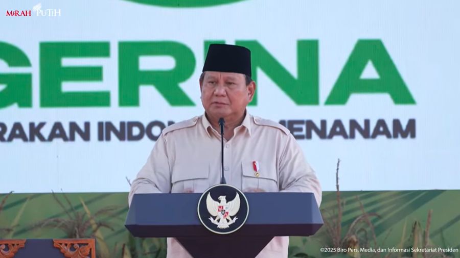 Presiden Prabowo menyampaikan paparan dalam peluncuran Program Gerakan Indonesia Menanam (Gerina), Banyuasin, 23 April 2025. (Tangkapan Layar Youtube Sekretariat Presiden)