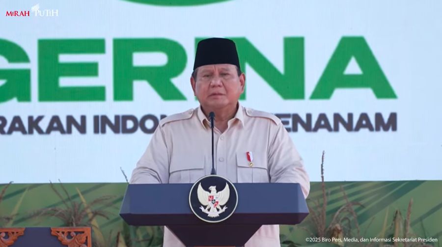 Presiden Prabowo menyampaikan paparan dalam peluncuran Program Gerakan Indonesia Menanam (Gerina), Banyuasin, 23 April 2025. (Tangkapan Layar Youtube Sekretariat Presiden)