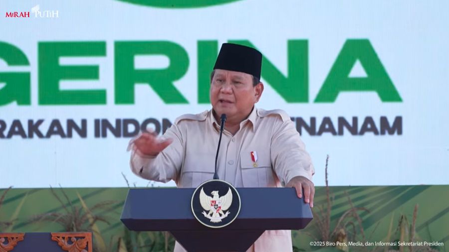 Presiden Prabowo menyampaikan paparan dalam peluncuran Program Gerakan Indonesia Menanam (Gerina), Banyuasin, 23 April 2025. (Tangkapan Layar Youtube Sekretariat Presiden)