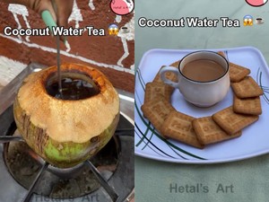 Racikan Teh Susu Campur Air Kelapa, Dimasak Langsung Pakai Batok