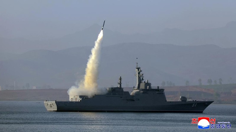 North Korea conducts first test firing of its new warship's weapons system. (KCNA via REUTERS)