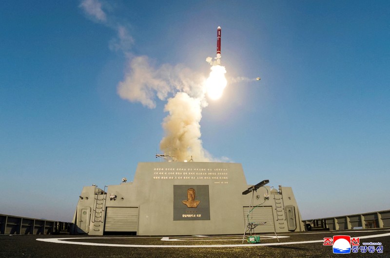 North Korea conducts first test firing of its new warship's weapons system. (KCNA via REUTERS)