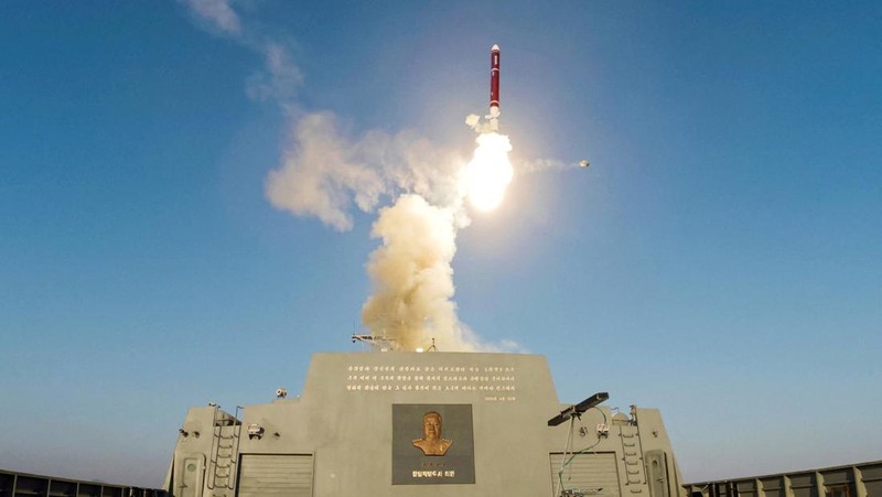 North Korea conducts first test firing of its new warship's weapons system. (KCNA via REUTERS)