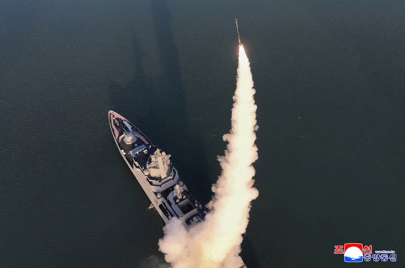 North Korea conducts first test firing of its new warship's weapons system. (KCNA via REUTERS)