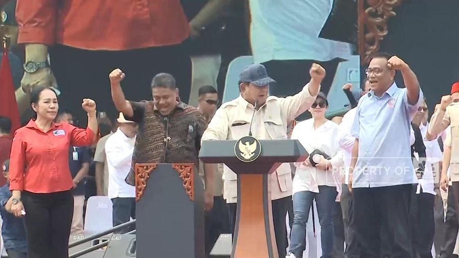 Presiden RI Prabowo Subianto menghadiri peringatan hari buruh di Monumen Nasional (Monas), Jakarta, pada Kamis (1/5) pagi.