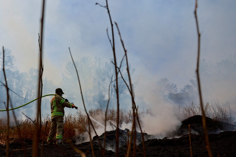 Seorang petugas pemadam kebakaran bekerja di dekat Latrun, sehari setelah kebakaran hutan terjadi akibat panas ekstrem dan angin, di Israel tengah, 1 Mei 2025. (REUTERS/Ammar Awad)