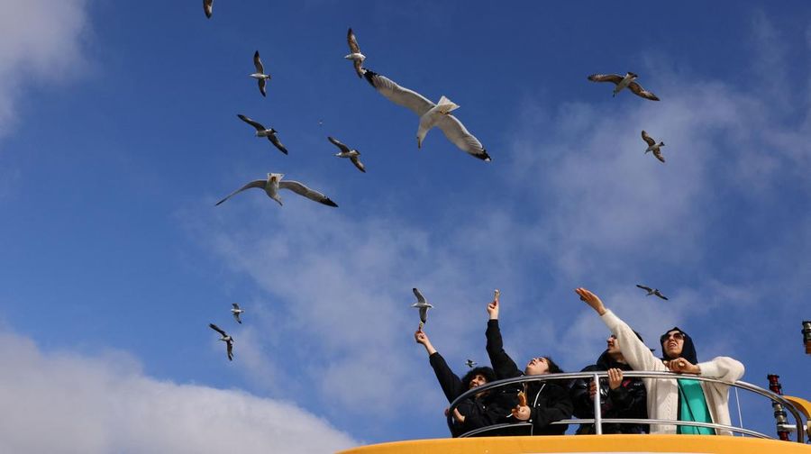 Orang-orang memberi makan burung camar saat mereka berlayar melalui Bosphorus dengan feri di Istanbul, Turki, 23 April 2025. (REUTERS/Umit Bektas)