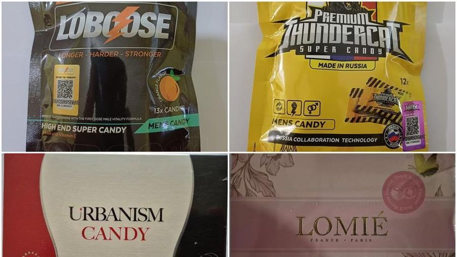 Produk-produk tersebut adalah (searah jarum jam dari kiri atas) Loboose High End Super Candy, Premium Thundercat Super Candy, Lomie Peach Berries Blossom Fruity Tea dan Urbanism Candy. (Dok. Singapore Food Agency)