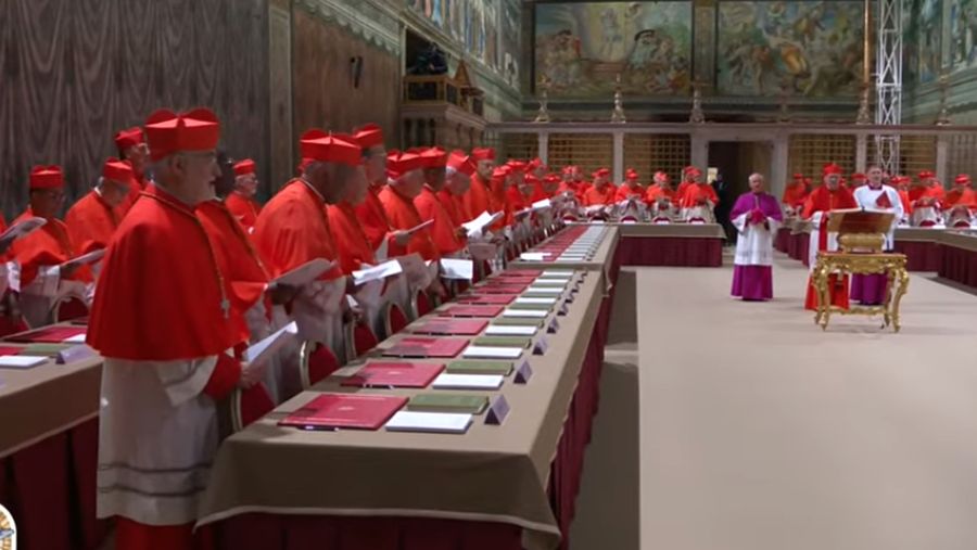 Para Kardinal elektor menghormat altar kudus sebelum menuju kursi masing-masing sebelum konklaf 2025 dimulai. (YouTube/EWTN Vatican)