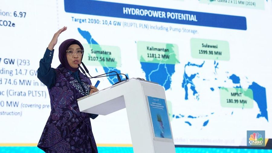 Direktur Jenderal Energi Baru, Terbarukan dan Konservasi Energi (EBTKE) Kementerian ESDM, Eniya Listiani Dewi menyampaikan pemaparan dalam acara Endress+Hauser Indonesia Sustainability Recognition Forum 2025 di Jakarta, Kamis (8/5/2025). (CNBC Indonesia/Muhammad Sabki)