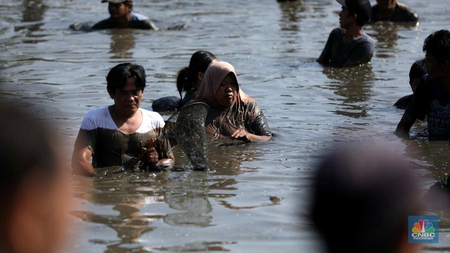 Tradisi ngubek empang di Situ Pengasinan Depok, Jawa Barat, Minggu (11/5/2025). (CNBC Indonesia/Tri Susilo)