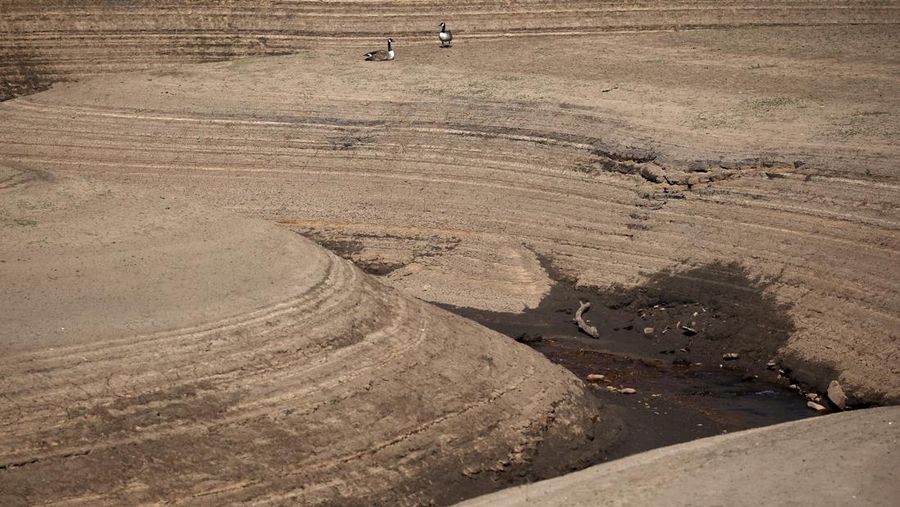 Pemandangan drone menunjukkan kendaraan menggunakan jembatan untuk melewati bagian Waduk Woodhead yang sebagian kering setelah periode panjang tanpa hujan, yang mengakibatkan turunnya permukaan air, dekat Tintwistle, Inggris, 13 Mei 2025. (REUTERS/Phil Noble)