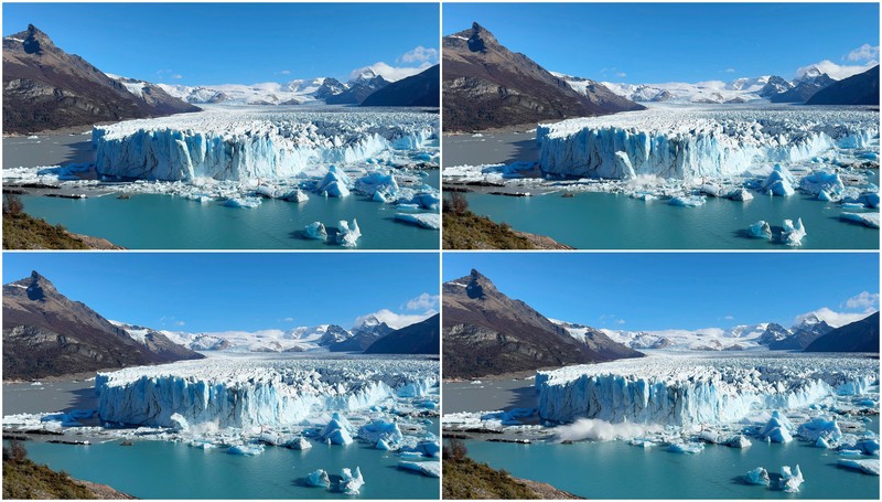 A combination of screengrabs from video shows ice calving off the Perito Moreno glacier into the Lago Argentino (Argentine Lake), in the Parque Nacional Los Glaciares, near the city of El Calafate in the Patagonian province of Santa Cruz, Argentina April 21, 2025. Reuters TV/via REUTERS