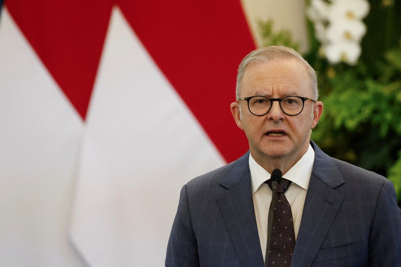 Perdana Menteri Australia Anthony Albanese dan Presiden Indonesia Prabowo Subianto bertemu di Istana Merdeka di Jakarta, Indonesia 15 Mei 2025. Perdana Menteri Australia Anthony Albanese dan Presiden Indonesia Prabowo Subianto bertemu di Istana Merdeka di Jakarta, Indonesia 15 Mei 2025. (REUTERS/Ajeng Dinar Ulfiana)
