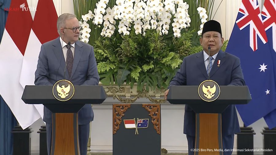 Presiden Prabowo Subianto menerima kunjungan Perdana Menteri Australia Anthony Albanese, Istana Merdeka, Jakarta, Kamis (15/5/2025). (Tangkapan Layar Youtube Sekretariat Presiden)