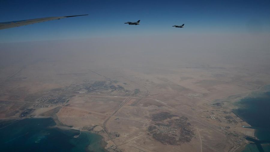 United Arab Emirates Air Force fighter jets accompany Air Force One as U.S. President Donald Trump travels to Abu Dhabi, May 15, 2025. REUTERS/Brian Snyder