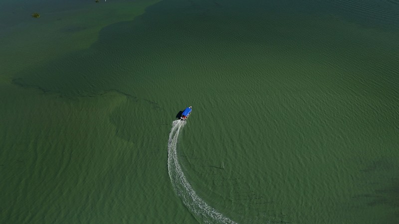 Pemandangan drone menunjukkan tongkang bekerja mengeruk laguna Barra dan Jacarepagua, saat air dari laguna tersebut menodai laut menjadi hijau di lepas pantai Barra da Tijuca, menurut media lokal, di Rio de Janeiro, Brasil, 15 Mei 2025. (REUTERS/Ricardo Moraes)