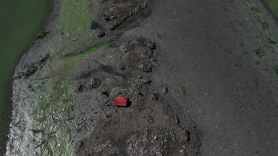 Pemandangan drone menunjukkan tongkang bekerja mengeruk laguna Barra dan Jacarepagua, saat air dari laguna tersebut menodai laut menjadi hijau di lepas pantai Barra da Tijuca, menurut media lokal, di Rio de Janeiro, Brasil, 15 Mei 2025. (REUTERS/Ricardo Moraes)
