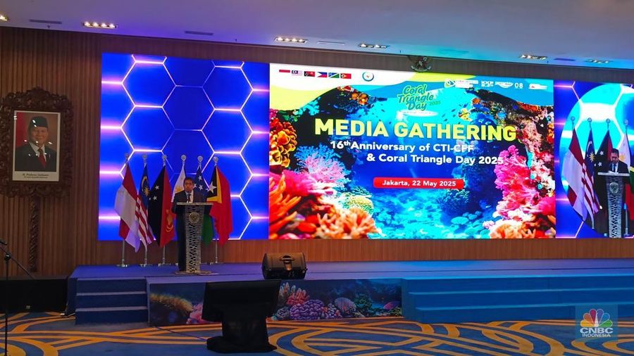 Direktur Eksekutif Regional Secretariat CTI-CFF, Frank Keith Griffin dalam acara Coral Triangle Day di Auditorium Kementerian Kelautan dan Perikanan (KKP) Jakarta, Kamis (22/5/2025). (CNBC Indonesia/Martyasari Rizky)