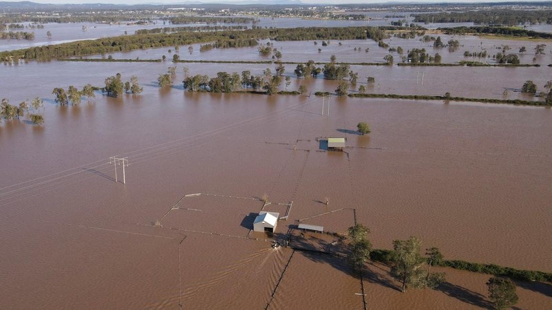 Foto udara menunjukkan daerah yang terendam banjir di dekat Sungai Hunter di Heatherbrae, Australia, Sabtu, (24/5/2025). (REUTERS/Hollie Adams)