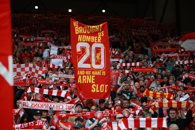 Pemain Liverpool merayakan gelar juara Liga Primer Inggris di Stadion Andfiled, Liverpool, Inggris, MInggu (25/5/2025). (REUTERS/Phil Noble) Pemain Liverpool merayakan gelar juara Liga Primer Inggris di Stadion Andfiled, Liverpool, Inggris, MInggu (25/5/2025). (REUTERS/Phil Noble)