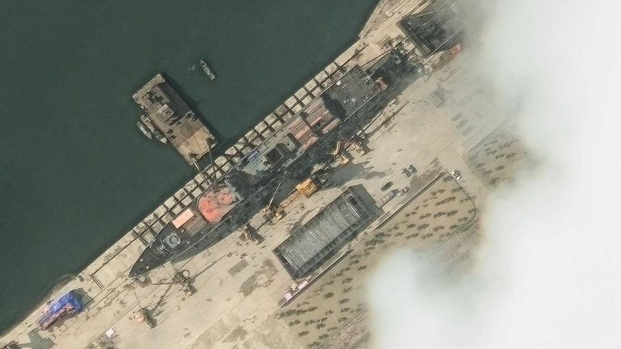 A satellite image shows a North Korean warship covered with a blue tarp after an accident that occurred during its launch at the shipyard, in Chongjin, North Korea, May 23, 2025. Maxar Technologies /Handout via REUTERS THIS IMAGE HAS BEEN SUPPLIED BY A THIRD PARTY. NO RESALES. NO ARCHIVES. MANDATORY CREDIT. MUST NOT OBSCURE LOGO.
