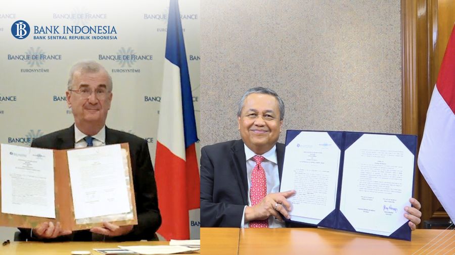 Bank Indonesia (BI) dan Banque de France (BdF) menyepakati penguatan kerja sama bilateral di area kebanksentralan. Nota Kesepahaman (MoU) ditandatangani oleh Gubernur BI, Perry Warjiyo, dan Gubernur BdF, François Villeroy de Galhau, dan berlaku efektif pada 15 Mei 2025. (Dok Bank Indonesia)