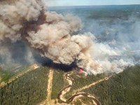Asap mengepul dari kebakaran hutan Edith Lake SWF076, yang memaksa evakuasi kota terdekat Swan Hills, Alberta, Kanada dalam foto udara 25 Mei 2025. (Alberta Wildfire/Handout via REUTERS)