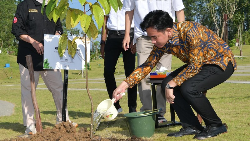 Pada hari kedua kunjungan kerjanya di IKN, Wakil Presiden Gibran Rakabuming Raka melakukan penanaman pohon ulin di Plaza Bhinneka Tunggal Ika Kamis (29/05/2025). (Dok. Sekretariat Wakil Presiden)