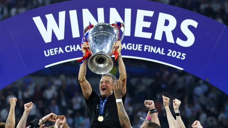 PSG menjuarai Liga Champions 2024/2025. PSG juara setelah menaklukkan Inter Milan dalam laga final yang berlangsung di Stadion Allianz Arena, Munchen, Minggu (1/6/2025) dini hari WIB. (REUTERS/Peter Cziborra)