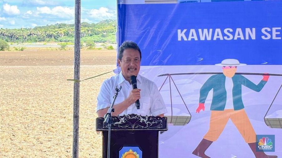 Menteri Kelautan dan Perikanan (MenKP) Sakti Wahyu Trenggono melakukan peninjauan sekaligus melihat langsung penandatanganan perjanjian kerjasama pembangunan modeling lahan garam, antara Kementerian Kelautan dan Perikanan (KKP) bersama Bupati Rote Ndao di Rote Ndao, Nusa Tenggara Timur, Selasa (3/6/2025). (CNBC Indonesia/Martyasari Rizky) Menteri Kelautan dan Perikanan (MenKP) Sakti Wahyu Trenggono melakukan peninjauan sekaligus melihat langsung penandatanganan perjanjian kerjasama pembangunan modeling lahan garam, antara Kementerian Kelautan dan Perikanan (KKP) bersama Bupati Rote Ndao di Rote Ndao, Nusa Tenggara Timur, Selasa (3/6/2025). (CNBC Indonesia/Martyasari Rizky)