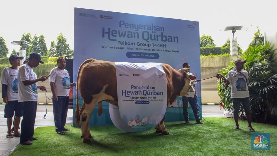 Seremoni penyerahan 946 ekor hewan kurban TelkomGroup di The Telkom Hub, Jakarta, Kamis (5/6/2025). (CNBC Indonesia/Faisal Rahman)