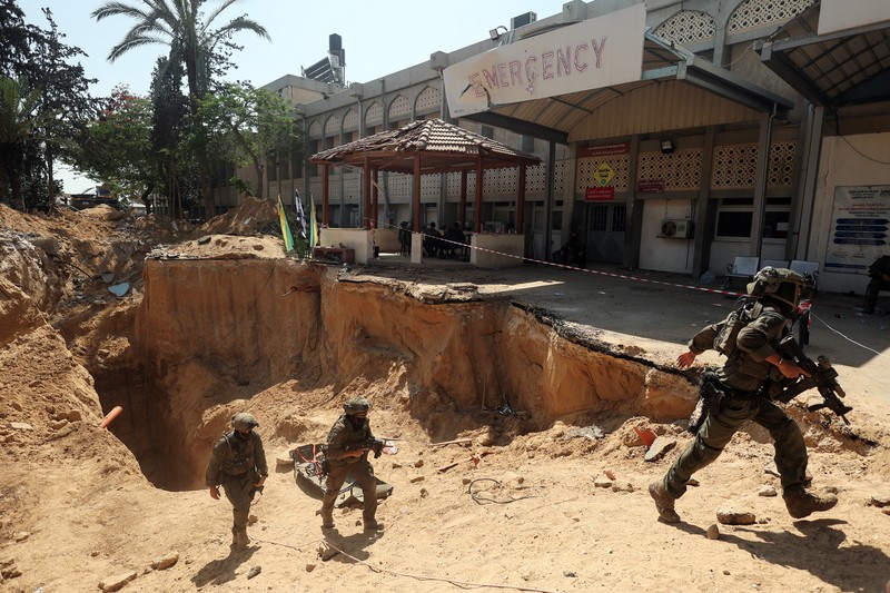 Israeli soldiers walk out from a tunnel underneath the European Hospital in Khan Younis at the Gaza Strip, amid the ongoing ground operation of the Israeli army against Palestinian Islamist group Hamas, June 8, 2025. REUTERS/Ronen Zvulun EDITOR'S NOTE: REUTERS PHOTOGRAPHS WERE REVIEWED BY THE IDF AS PART OF THE CONDITIONS OF THE EMBED. NO PHOTOS WERE REMOVED.