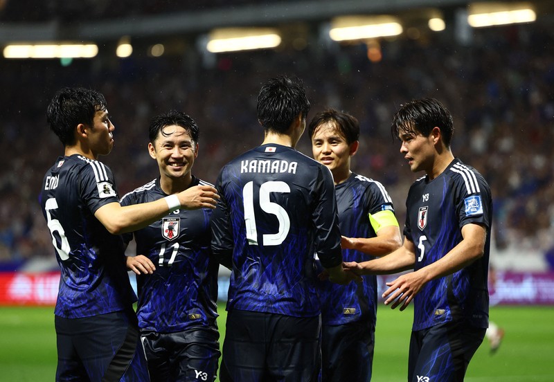 Shuto Machino dari Jepang mencetak gol kelima mereka dalam Kualifikasi AFC Grup C di Stadion Kota Suita, Suita, Jepang, Selasa (10/6/2025). (REUTERS/Issei Kato) Shuto Machino dari Jepang mencetak gol kelima mereka dalam Kualifikasi AFC Grup C di Stadion Kota Suita, Suita, Jepang, Selasa (10/6/2025). (REUTERS/Issei Kato)