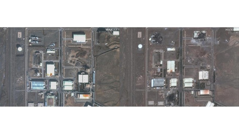 Gambar citra menunjukkan fasilitas nuklir Natanz sebelum dan setelah serangan udara Israel di Iran. (Maxar Technologies/Handout via REUTERS)