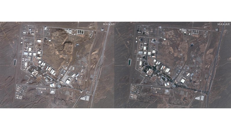 Gambar citra menunjukkan fasilitas nuklir Natanz sebelum dan setelah serangan udara Israel di Iran. (Maxar Technologies/Handout via REUTERS)