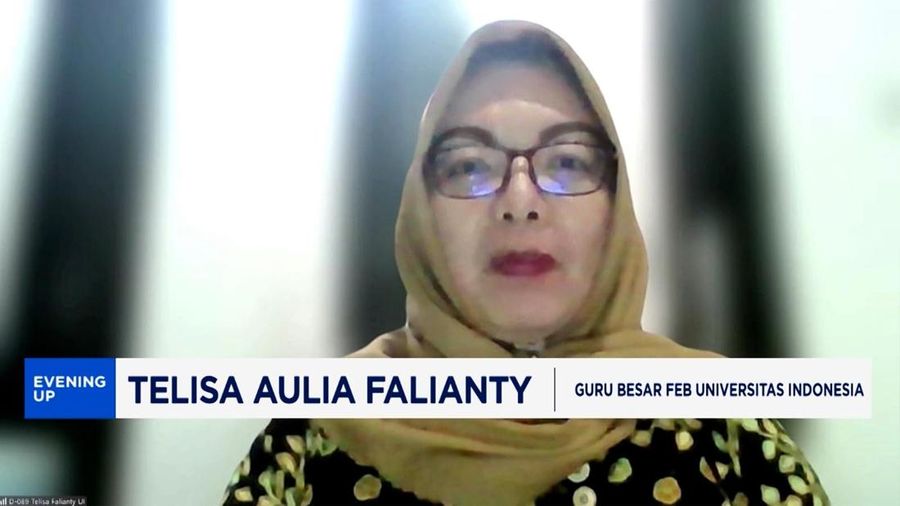 Guru Besar FEB Universitas Indonesia, Telisa Aulia Falianty menyampaikan paparan dalam program CNBC Indonesia Evening Up. (CNBC Indonesia TV)