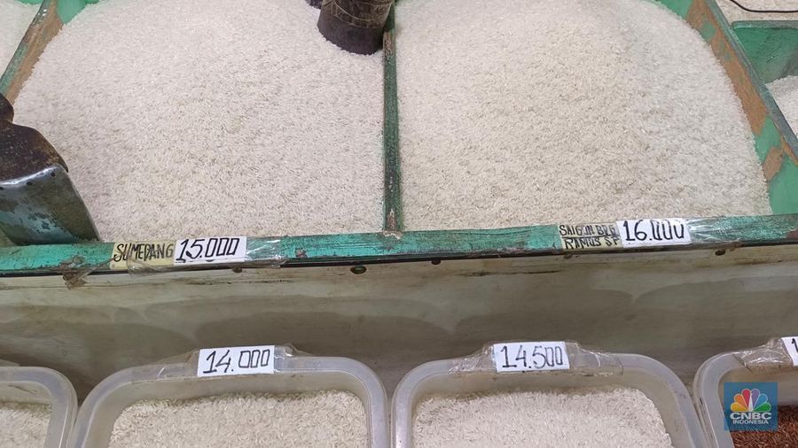 Harga beras medium dan premium di Pasar Rumput, Jakarta Selatan, Selasa (17/6/2025). (CNBC Indonesia/Martyasari Rizky)