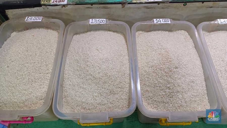 Harga beras medium dan premium di Pasar Rumput, Jakarta Selatan, Selasa (17/6/2025). (CNBC Indonesia/Martyasari Rizky)