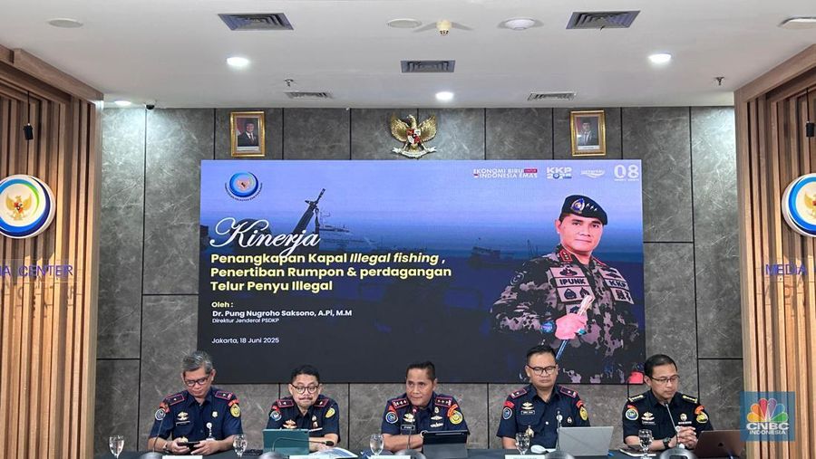 Direktur Jenderal Pengawasan Sumber Daya Kelautan dan Perikanan (PSDKP) Kementerian Kelautan dan Perikanan (KKP) saat konferensi pers di Media Center KKP, Jakarta, Rabu (18/6/2025). (CNBC Indonesia/Martyasari Rizky)
