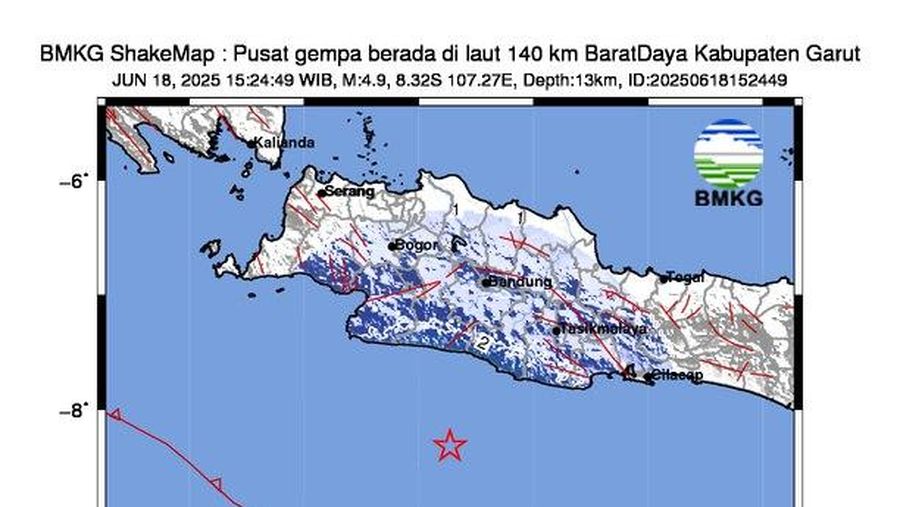 Pusat gempa barat daya Kabupaten Garut. (Dok. BMKG)