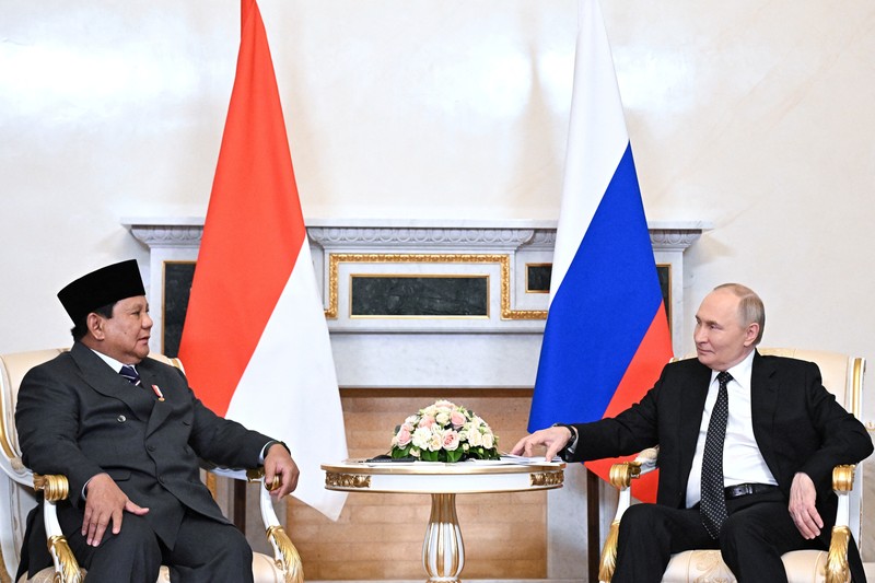 Presiden Indonesia Prabowo Subianto dan Presiden Rusia Vladimir Putin menghadiri pertemuan di Saint Petersburg, Rusia, Kamis (19/6/2025). (Sputnik/Vyacheslav Prokofyev/Pool via REUTERS)