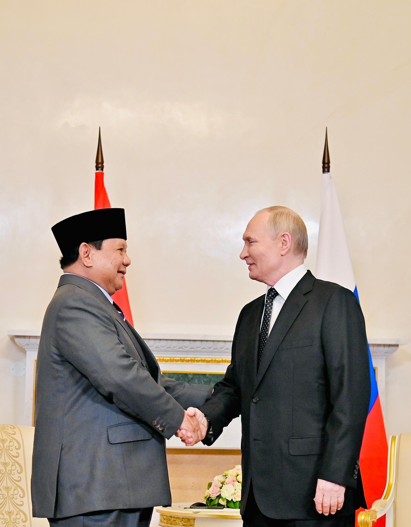 Presiden Indonesia Prabowo Subianto dan Presiden Rusia Vladimir Putin menghadiri pertemuan di Saint Petersburg, Rusia, Kamis (19/6/2025). (Sputnik/Vyacheslav Prokofyev/Pool via REUTERS)