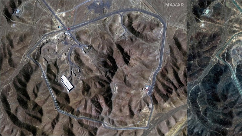 Gambar satelit yang diambil pada Minggu (22/6) menunjukkan dampak serangan udara Amerika Serikat terhadap situs nuklir Iran di Isfahan dan Natanz. (via REUTERS/MAXAR TECHNOLOGIES)