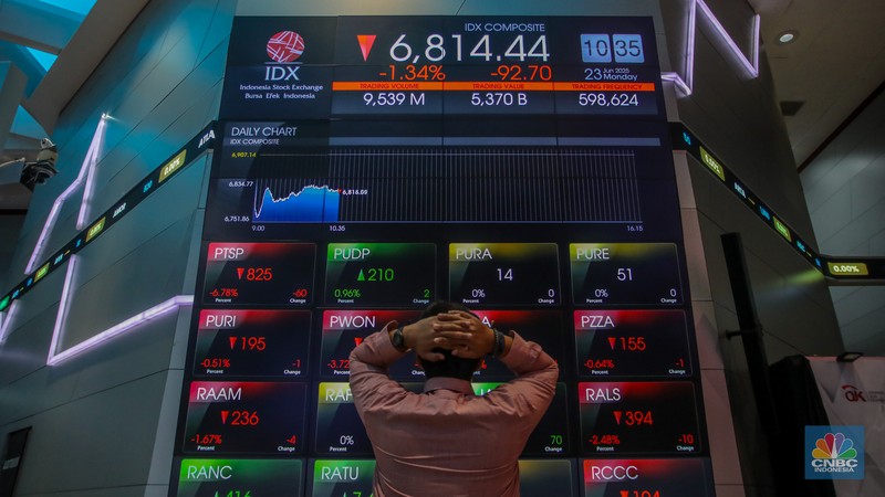 Layar menampilkan pergerakan Indeks Harga Saham Gabungan (IHSG) di gedung Bursa Efek Indonesia, Jakarta, Senin (23/6/2025). (CNBC Indonesia/ Faisal Rahman) Layar menampilkan pergerakan Indeks Harga Saham Gabungan (IHSG) di gedung Bursa Efek Indonesia, Jakarta, Senin (23/6/2025). (CNBC Indonesia/ Faisal Rahman)