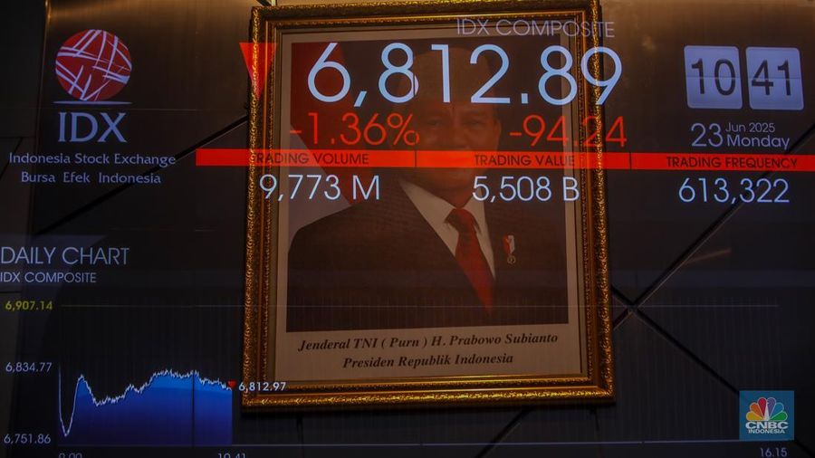 Layar menampilkan pergerakan Indeks Harga Saham Gabungan (IHSG) di gedung Bursa Efek Indonesia, Jakarta, Senin (23/6/2025). (CNBC Indonesia/ Faisal Rahman) Layar menampilkan pergerakan Indeks Harga Saham Gabungan (IHSG) di gedung Bursa Efek Indonesia, Jakarta, Senin (23/6/2025). (CNBC Indonesia/ Faisal Rahman)