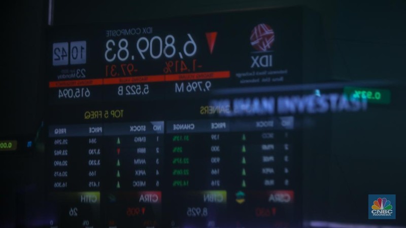 Layar menampilkan pergerakan Indeks Harga Saham Gabungan (IHSG) di gedung Bursa Efek Indonesia, Jakarta, Senin (23/6/2025). (CNBC Indonesia/ Faisal Rahman)