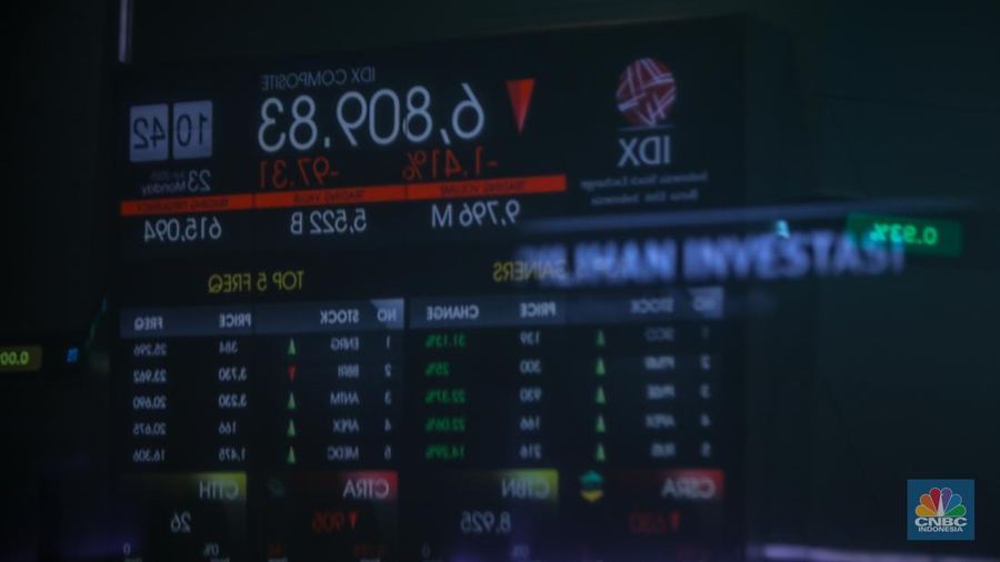 Layar menampilkan pergerakan Indeks Harga Saham Gabungan (IHSG) di gedung Bursa Efek Indonesia, Jakarta, Senin (23/6/2025). (CNBC Indonesia/ Faisal Rahman)